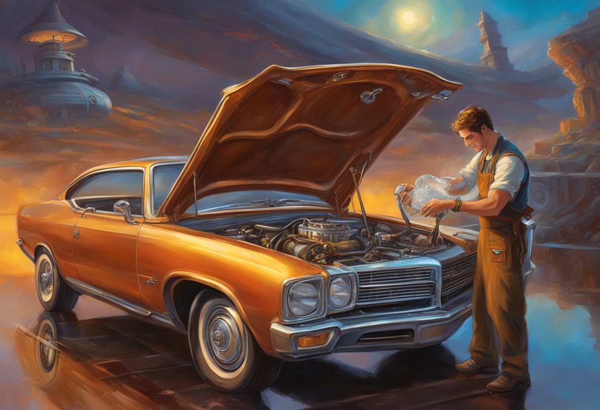 A mechanic inspects a car engine with water in the oil, providing expert advice and assistance