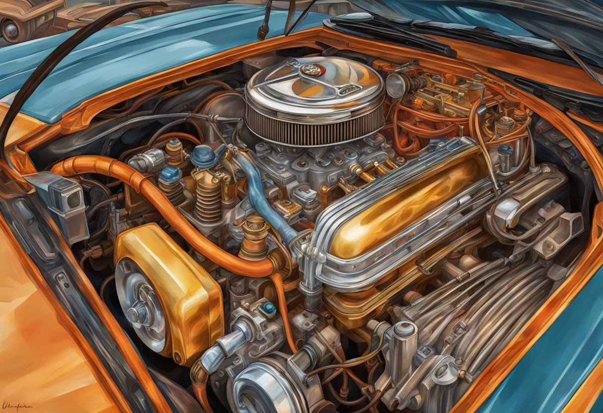 A car engine with the hood open, showing the throttle body and idle air control valve. Wires and hoses are visible, with tools nearby for maintenance