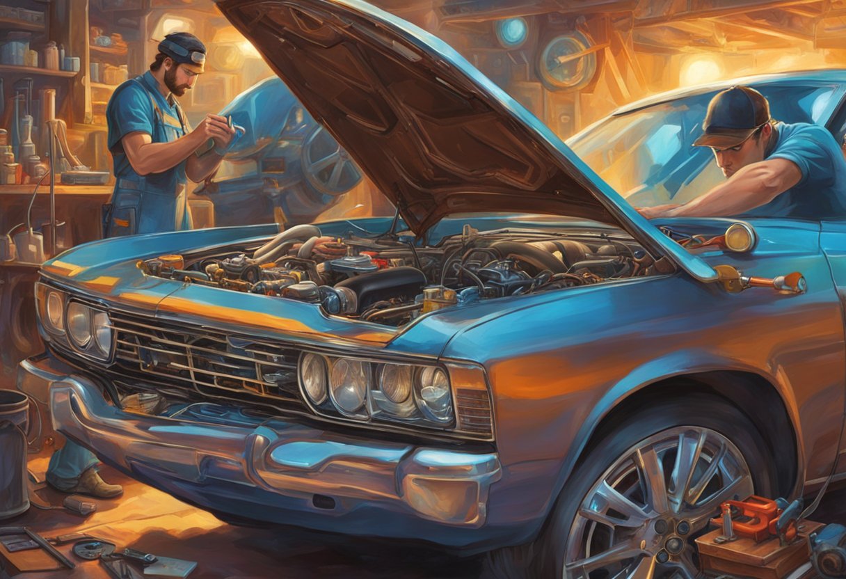 A mechanic adjusts the idle RPM on a car engine, using a diagnostic tool to fix a P0506 code. The hood of the car is open, and various tools and parts are scattered around the engine bay