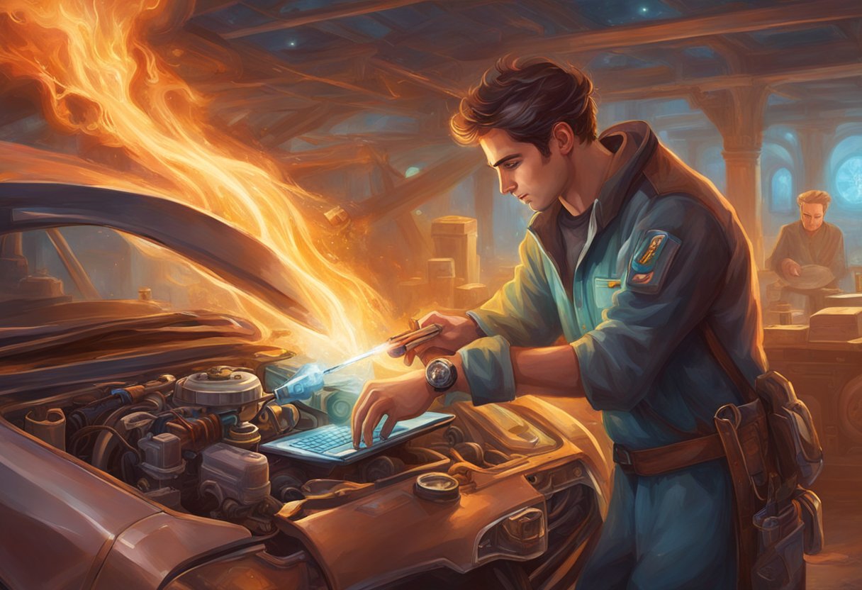 A mechanic using a diagnostic tool to check a car's engine while referring to a troubleshooting guide on a laptop