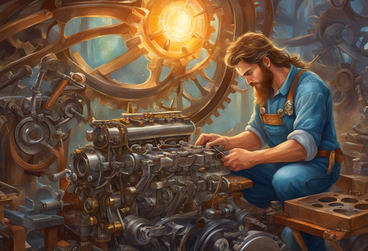 A mechanic removes the old timing chain from the engine and installs a new one, using specialized tools and following manufacturer's guidelines