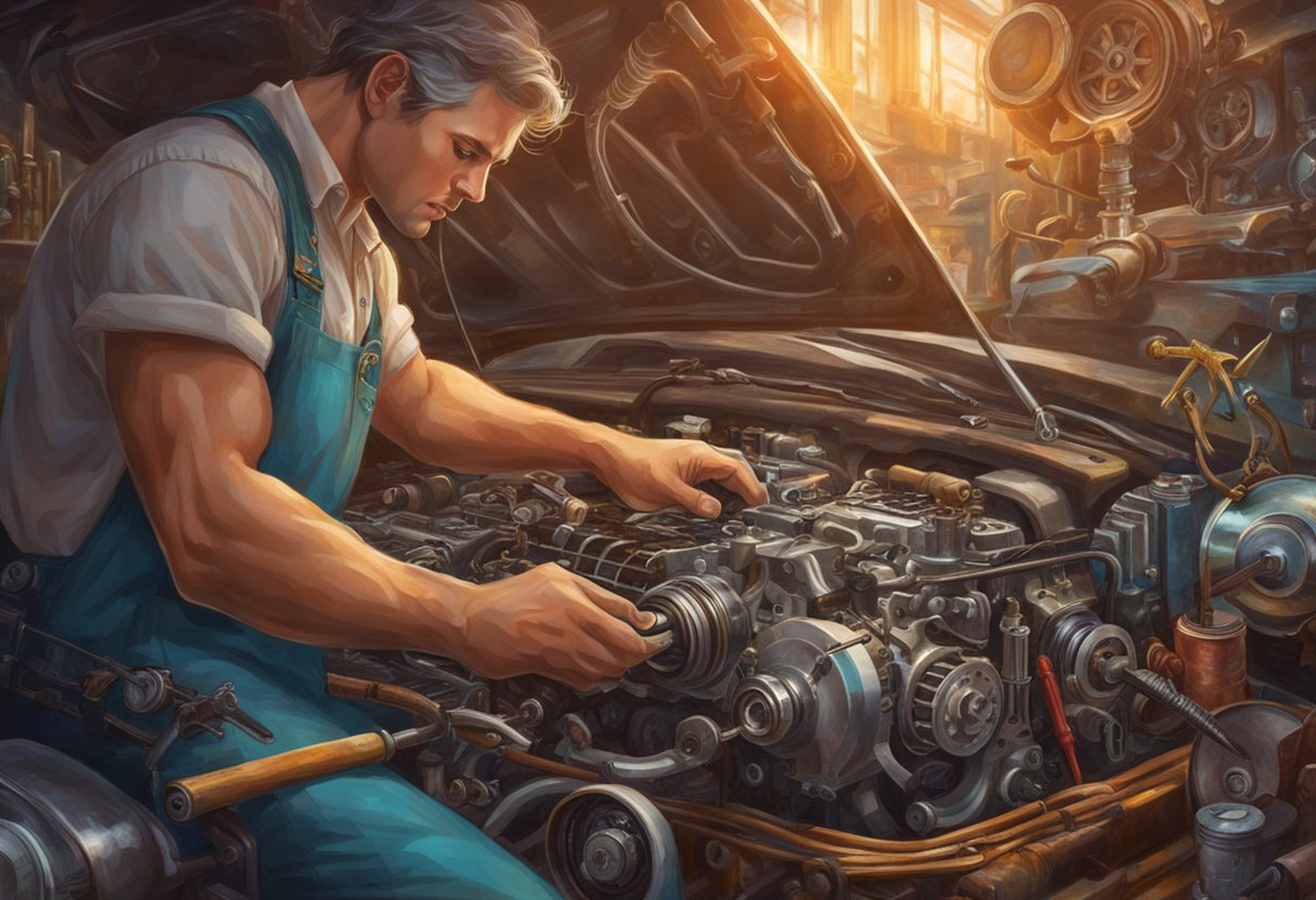 A mechanic replacing a timing chain on a car engine, surrounded by tools and parts, with a manual open to the side for reference