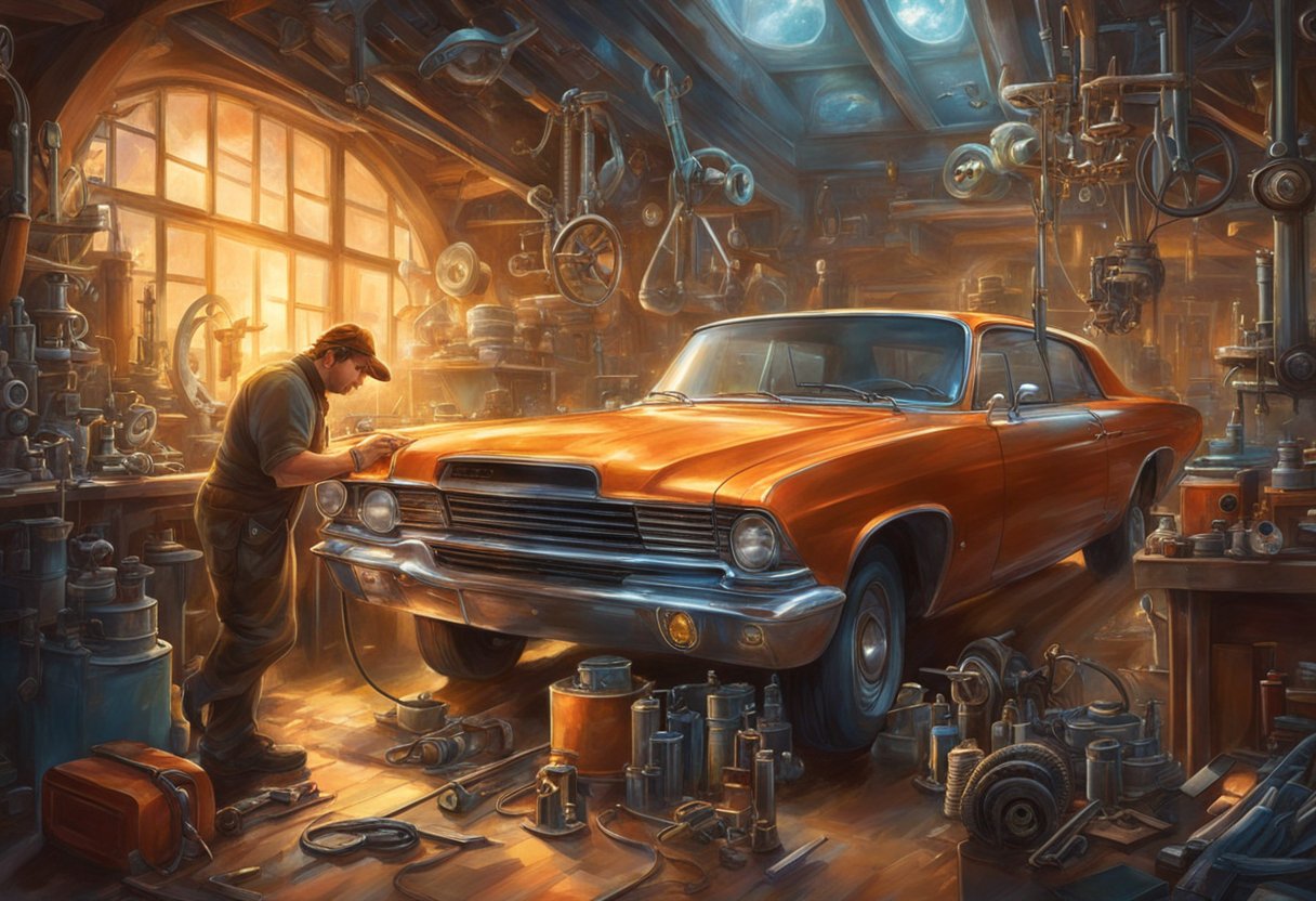 A mechanic replaces a timing chain in a car engine, surrounded by tools and parts on a clean workbench