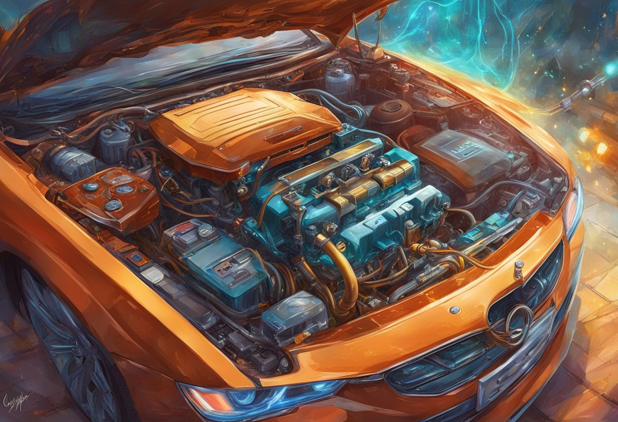 A car's engine bay with a diagnostic tool connected to the O2 sensor. Wires and connectors are visible, with a focus on the sensor location
