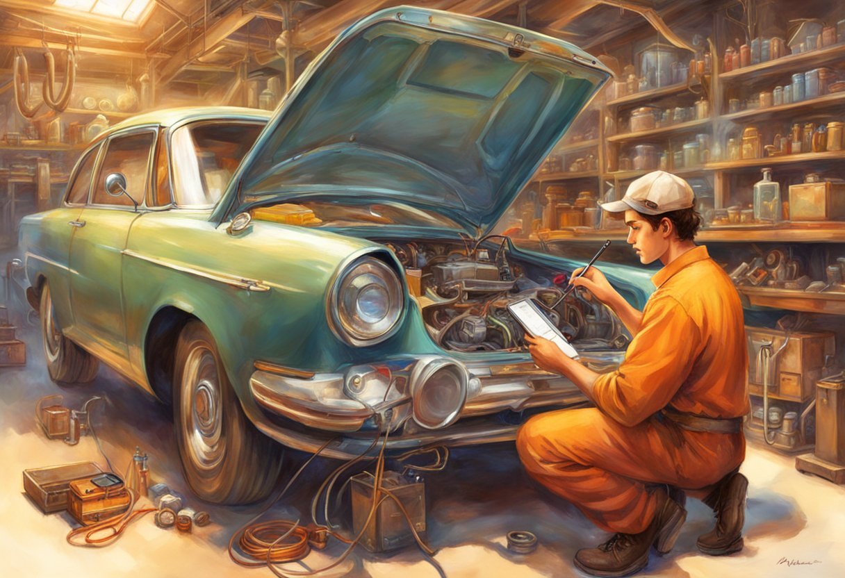 A mechanic inspecting a car's O2 sensor and circuit, using a multimeter and diagnostic tool, with a guide open on a workbench