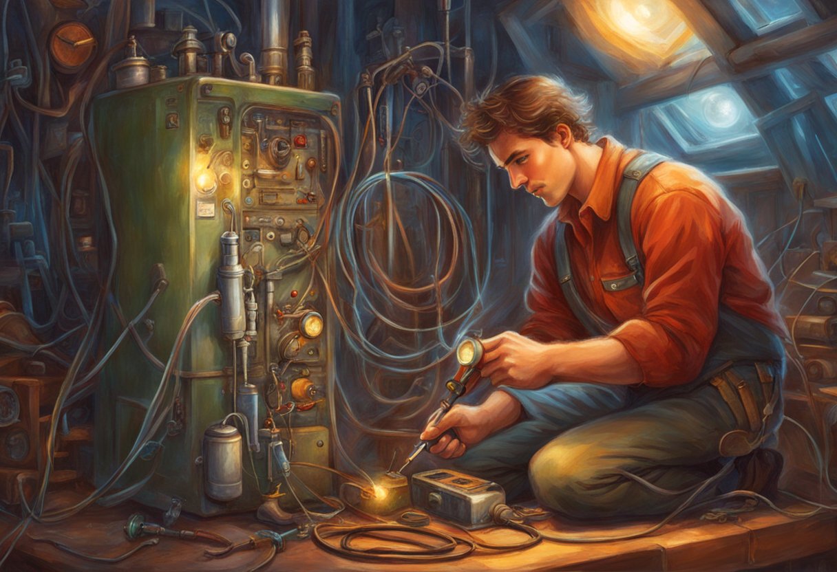 A mechanic checks the oxygen sensor with a multimeter. Wires are connected to the sensor and the multimeter, testing for proper voltage