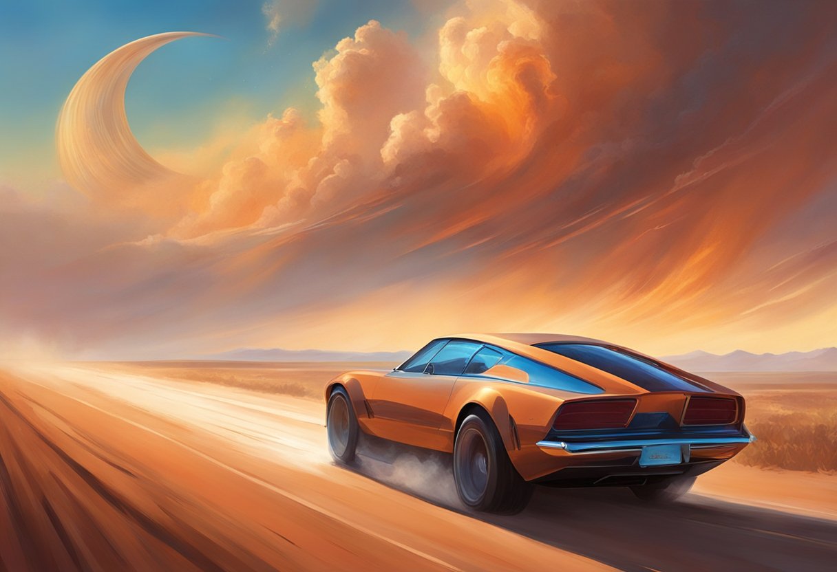 A car with a spoiler races down a straight road, kicking up dust. The spoiler creates a sleek and aggressive silhouette against the sky