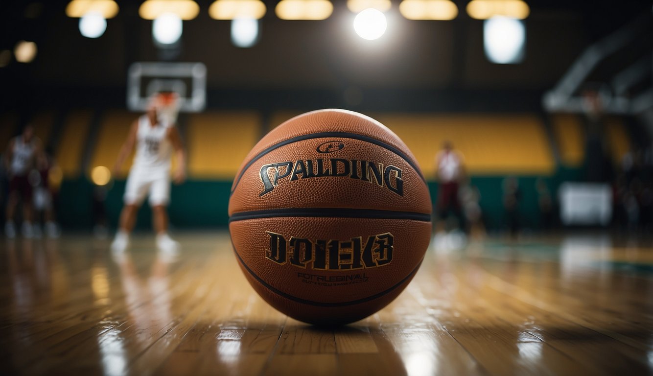 A basketball bouncing on the court, a player dribbling, and a hoop in the background