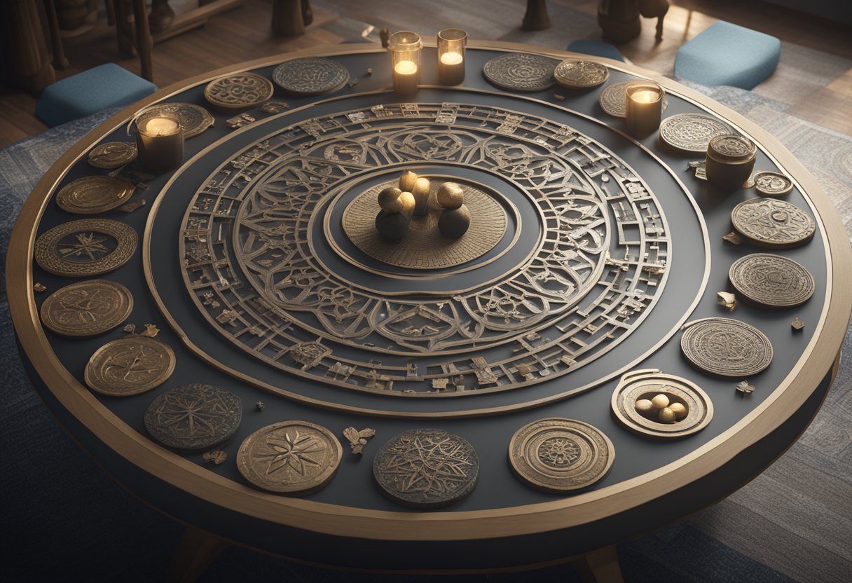 A table with 21 objects arranged in a circular pattern, surrounded by symbols of spirituality and mysticism