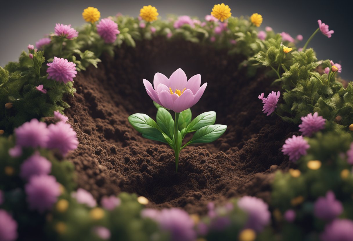 A seedling breaking through the soil, surrounded by 21 blooming flowers, symbolizing personal growth and spiritual abundance