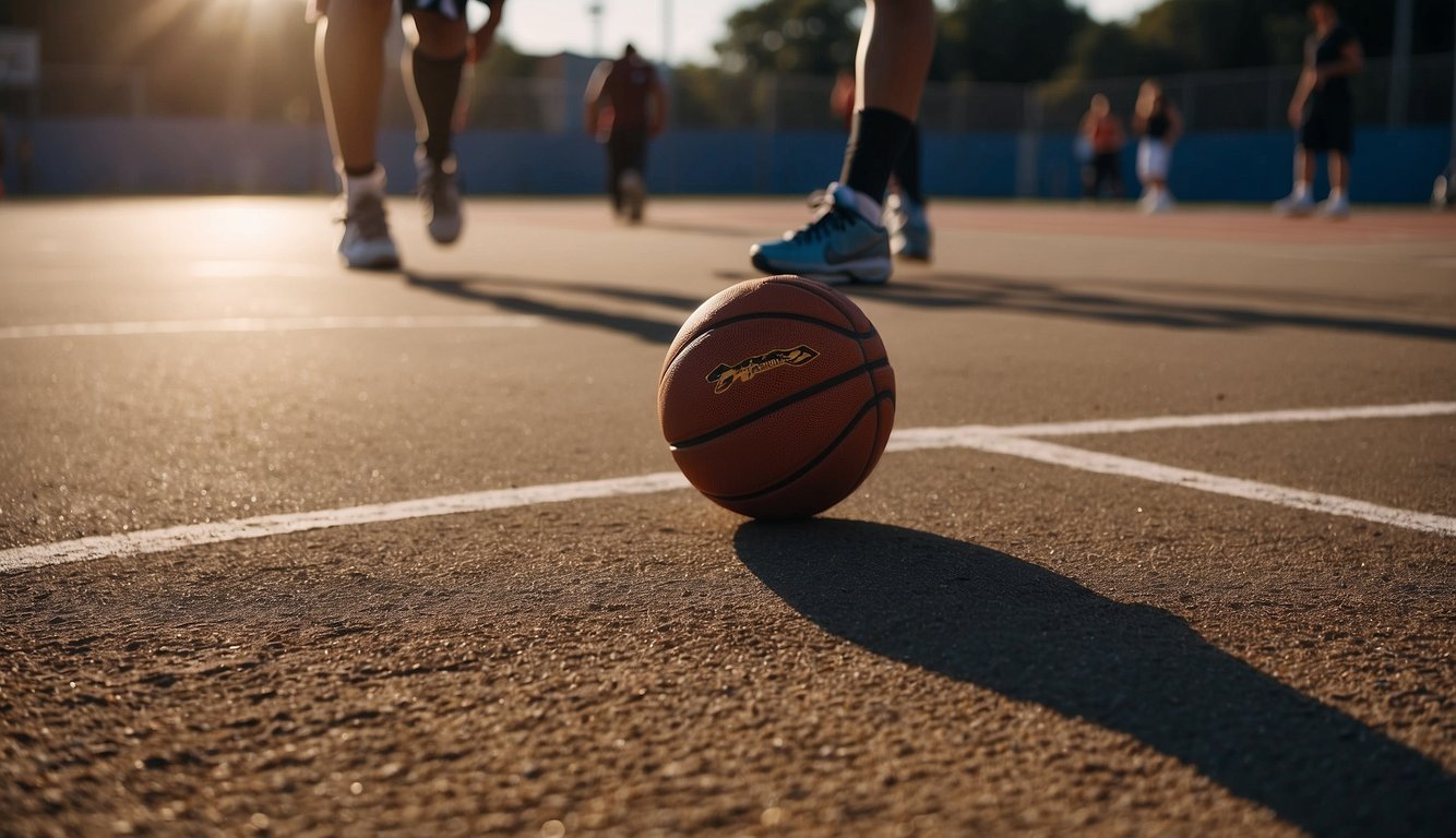 A basketball court with a player's shadow cast on the ground, surrounded by motivational quotes and images of mental toughness and determination