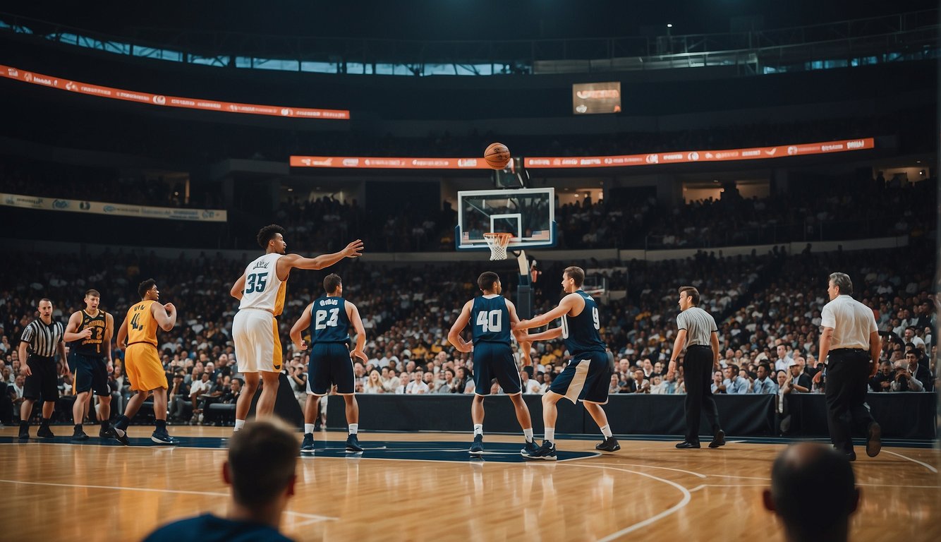 A basketball court with players in action, surrounded by coaches, agents, and sponsors. The scene is filled with intensity and ambition