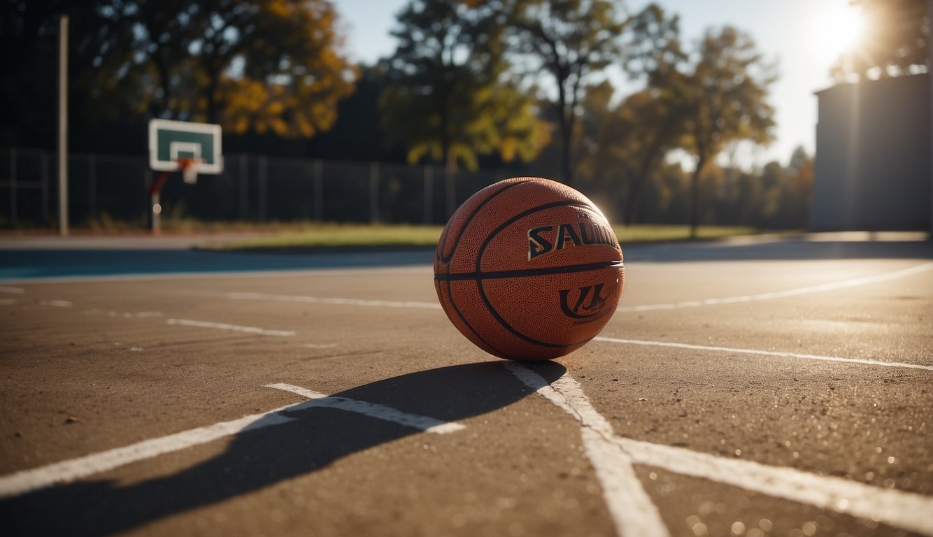 A basketball court with a hoop, ball, and jersey. A shadow of a player in a powerful stance, exuding confidence and determination