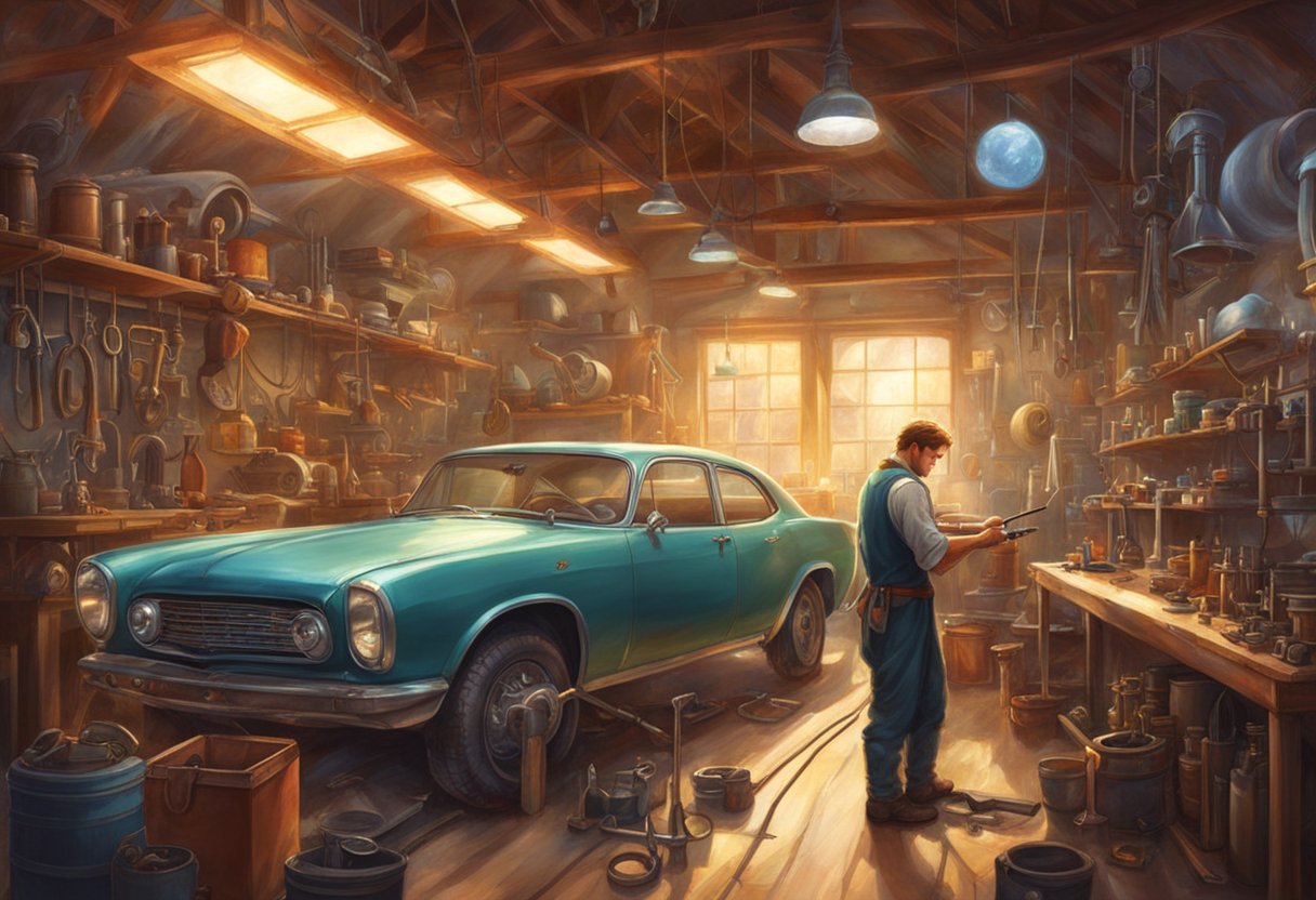 A mechanic is working on a car in a well-lit and organized repair shop with various tools and equipment lined up on the walls and workbenches