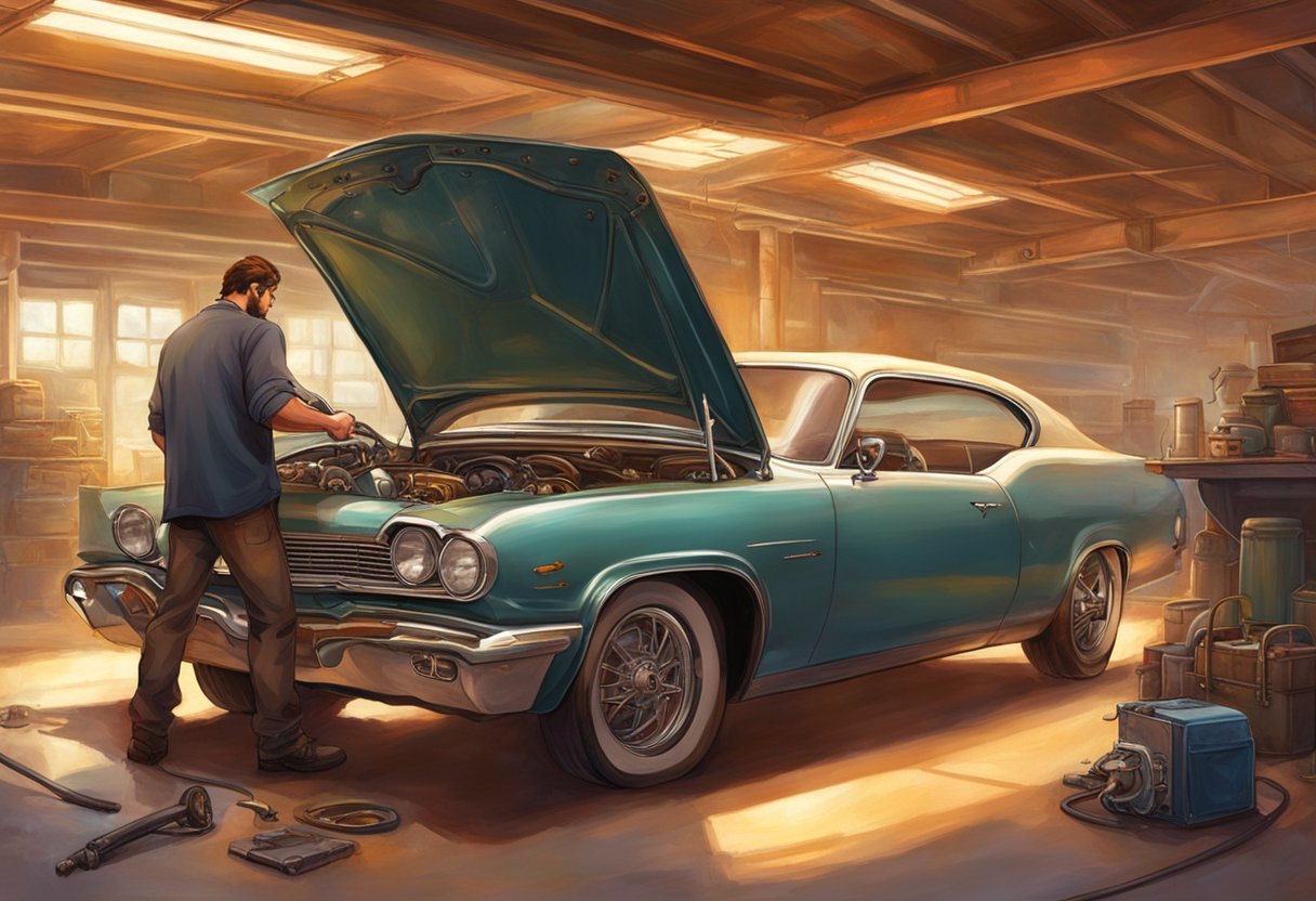 A mechanic inspects a used car's engine and undercarriage for potential issues before purchase. The car is parked on a clean, well-lit garage floor