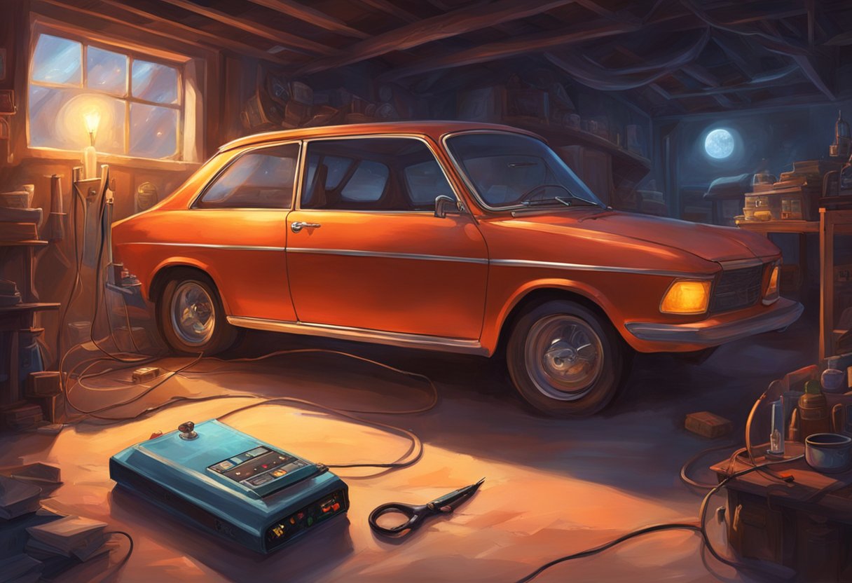 A car with a dead battery sits in a dimly lit garage. The dashboard is dark, and the ignition won't start. Tools and a multimeter lay nearby