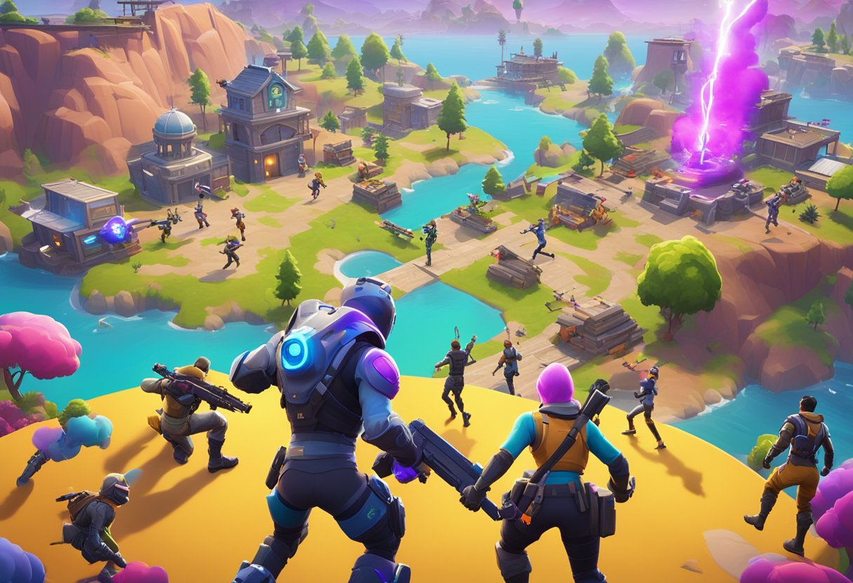 A colorful, action-packed battle scene with diverse characters and futuristic weapons in a vibrant, otherworldly environment for the game "Fortnite: Free Cross-Platform Play."