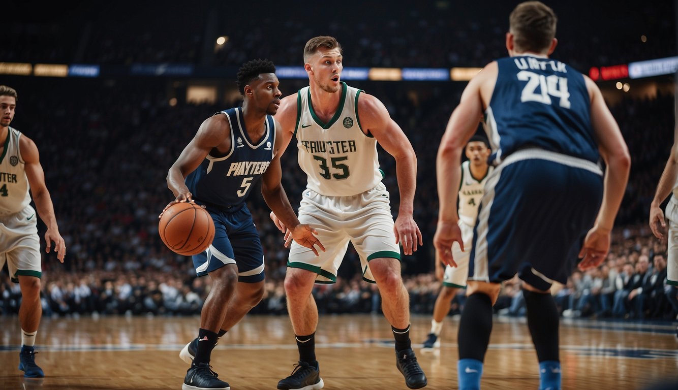 Players shooting from beyond the three-point line, while defenders attempt to block the shot. Referee watches closely for fouls. Crowd cheers in the background