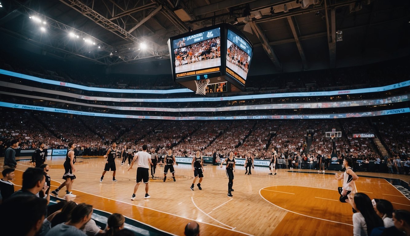 A basketball game with a scoreboard showing different total options, surrounded by excited fans and a lively atmosphere