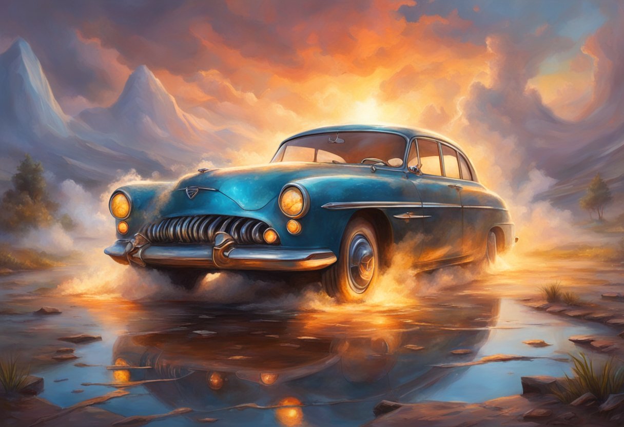 A car with steam rising from the hood, surrounded by puddles of coolant. A crack is visible on the engine block. Oil stains on the ground