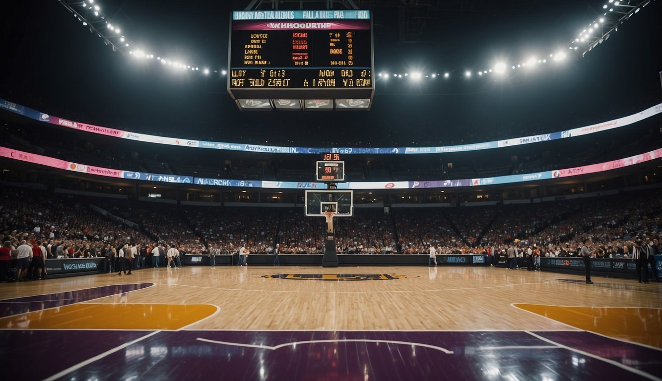 Basketball court with digital scoreboard displaying alternative total bets. Excited fans cheering in the stands. Refreshment vendors walking the aisles