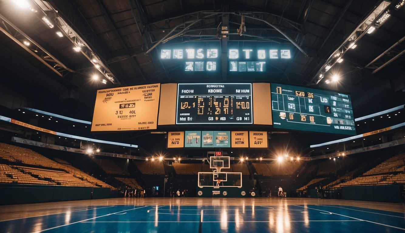 A basketball court with a scoreboard displaying the total points scored, surrounded by posters promoting responsible betting practices