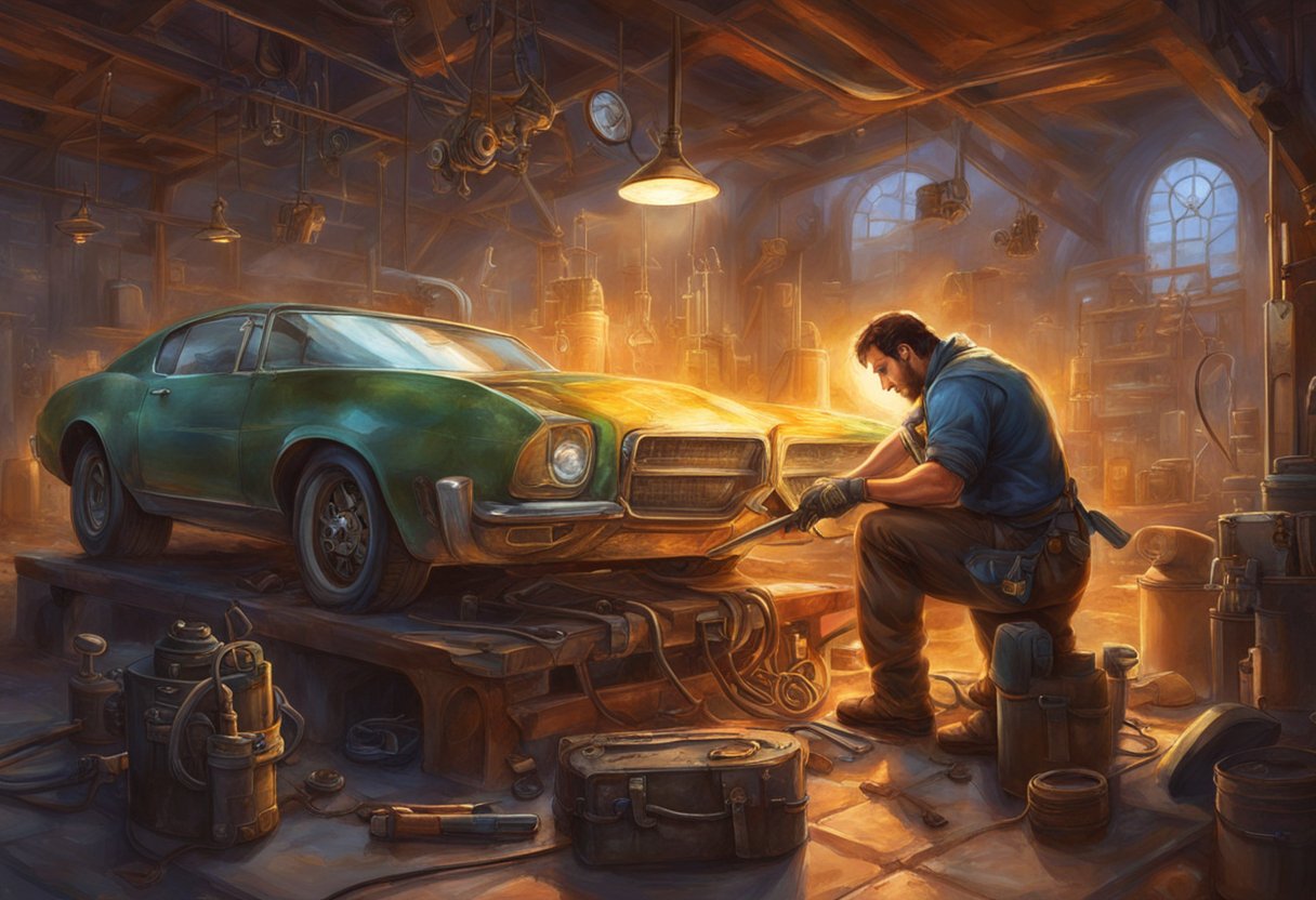 A mechanic inspects a cracked engine block with tools and diagnostic equipment in a well-lit garage