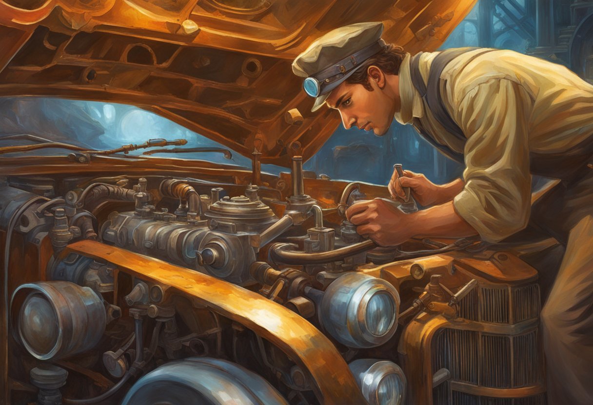 The mechanic inspects the engine block for cracks, using a flashlight and a magnifying glass. They then proceed to perform maintenance to prevent further damage