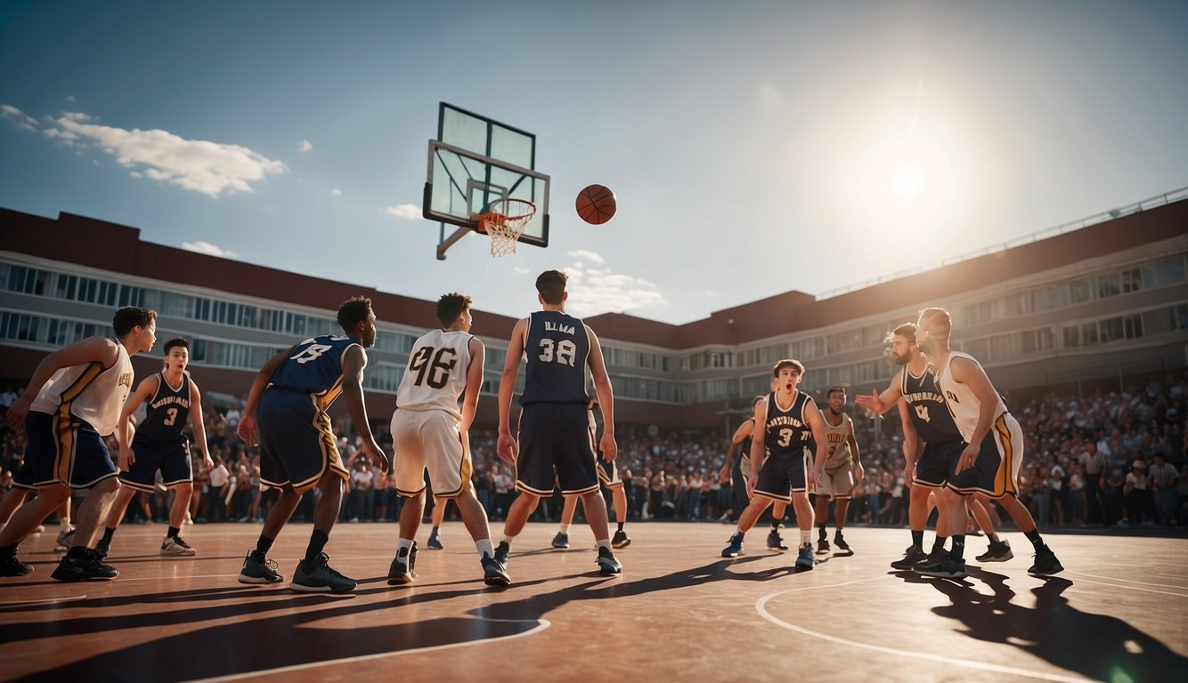 A basketball court with two teams playing, one attempting a shot outside the three-point line while the other team defends