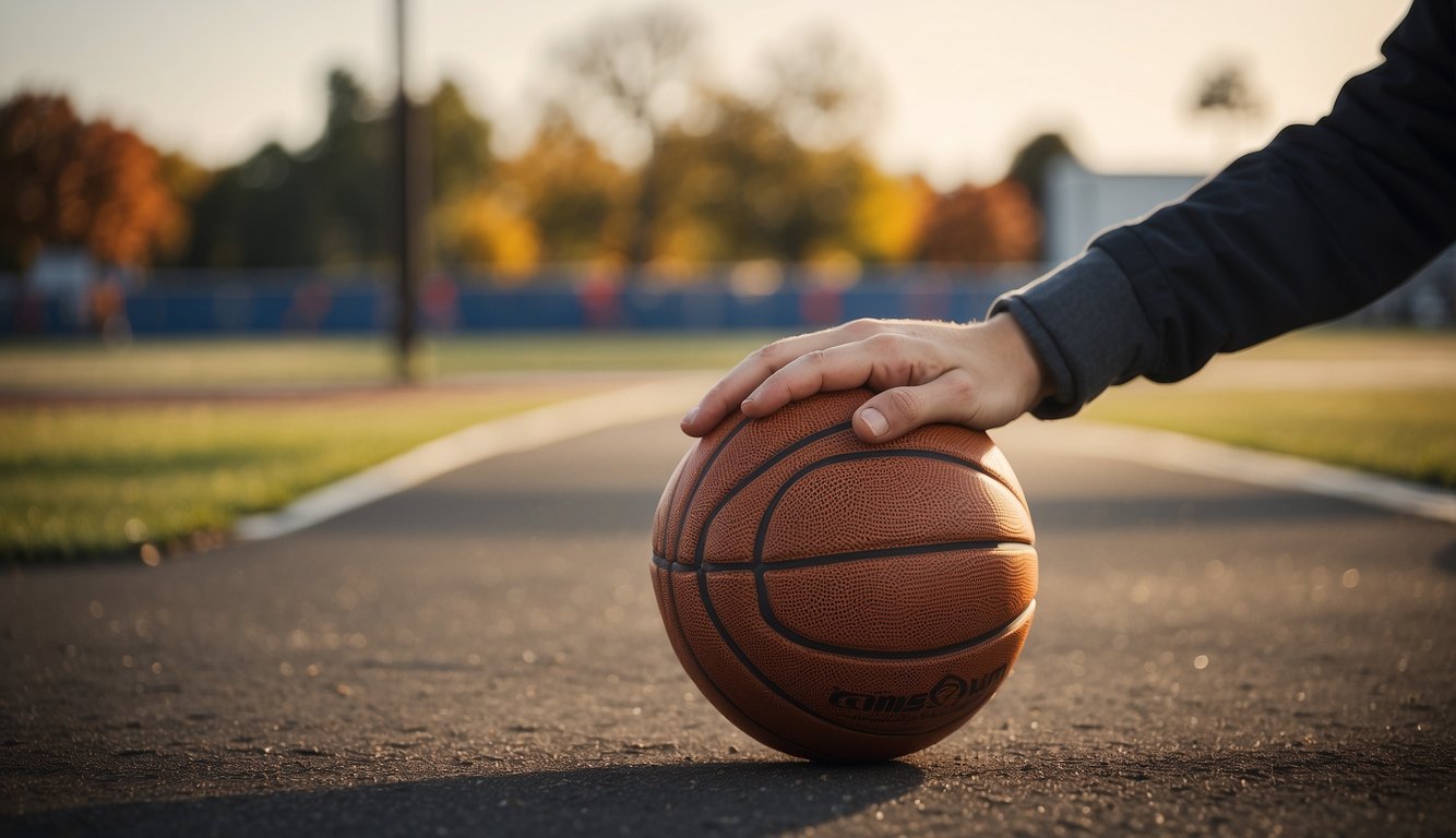 A hand reaches for a basketball, comparing sizes. Youth sizes are laid out for selection