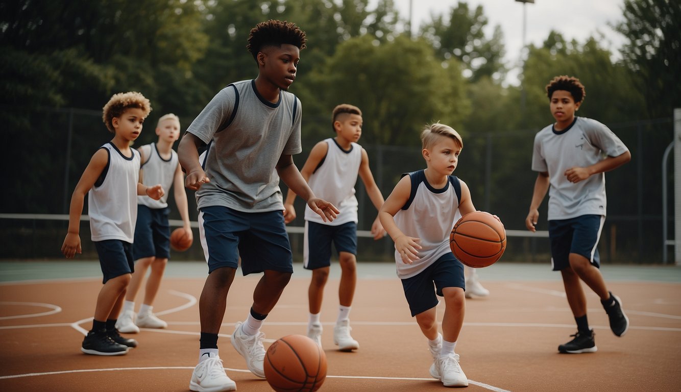 A group of young basketball players of varying sizes practicing on a court, each using a basketball appropriate for their age and skill level