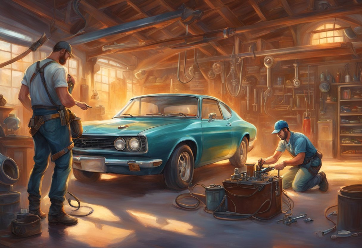 A mechanic swaps out a faulty throttle pedal position sensor with a new one, using a wrench and screwdriver in a well-lit garage