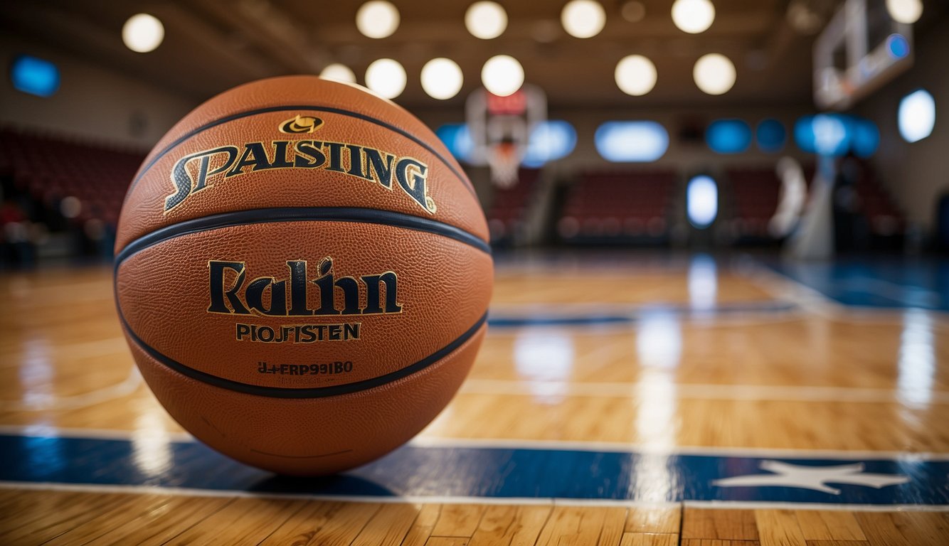 A standard size youth basketball made of rubber, with textured panels and an official NBA logo, sitting on a wooden gym floor surrounded by other sports equipment