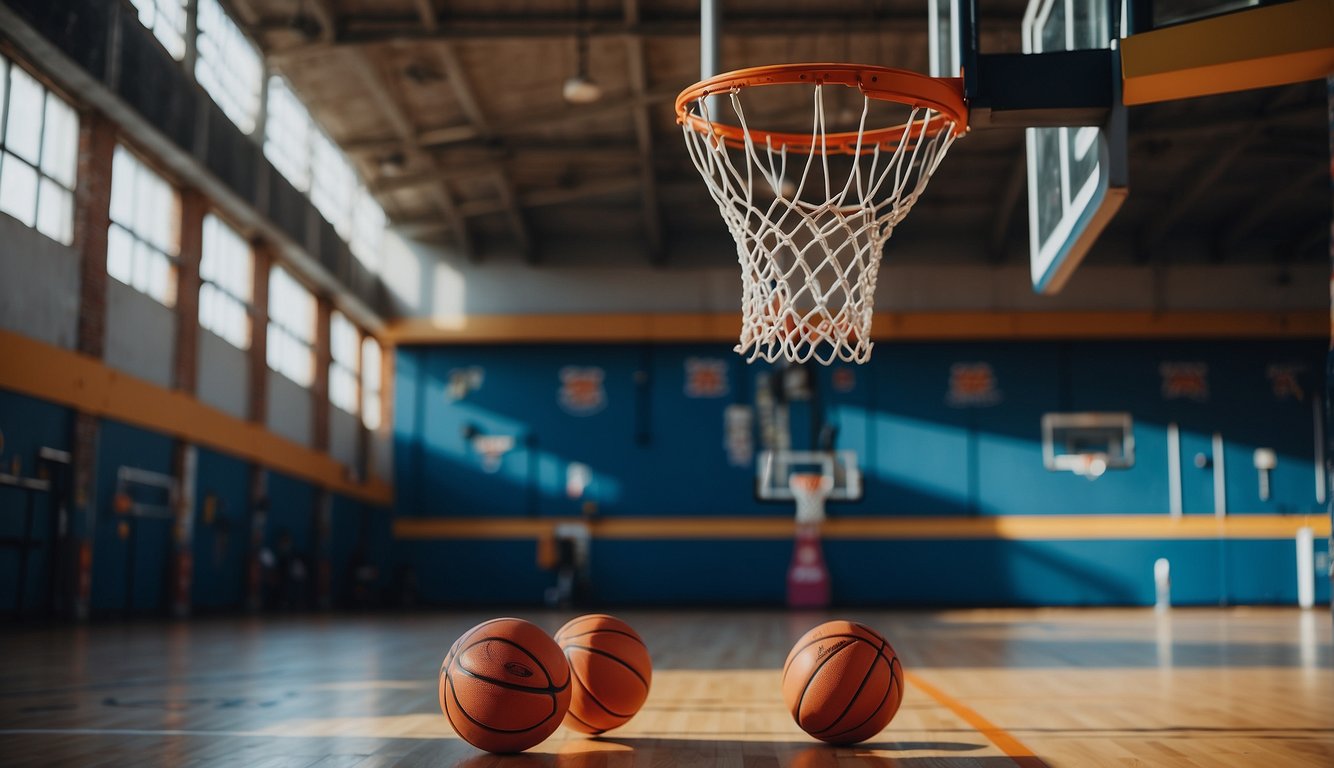 A basketball court with a hoop lowered to youth size, surrounded by colorful basketballs and a rack of various sized jerseys