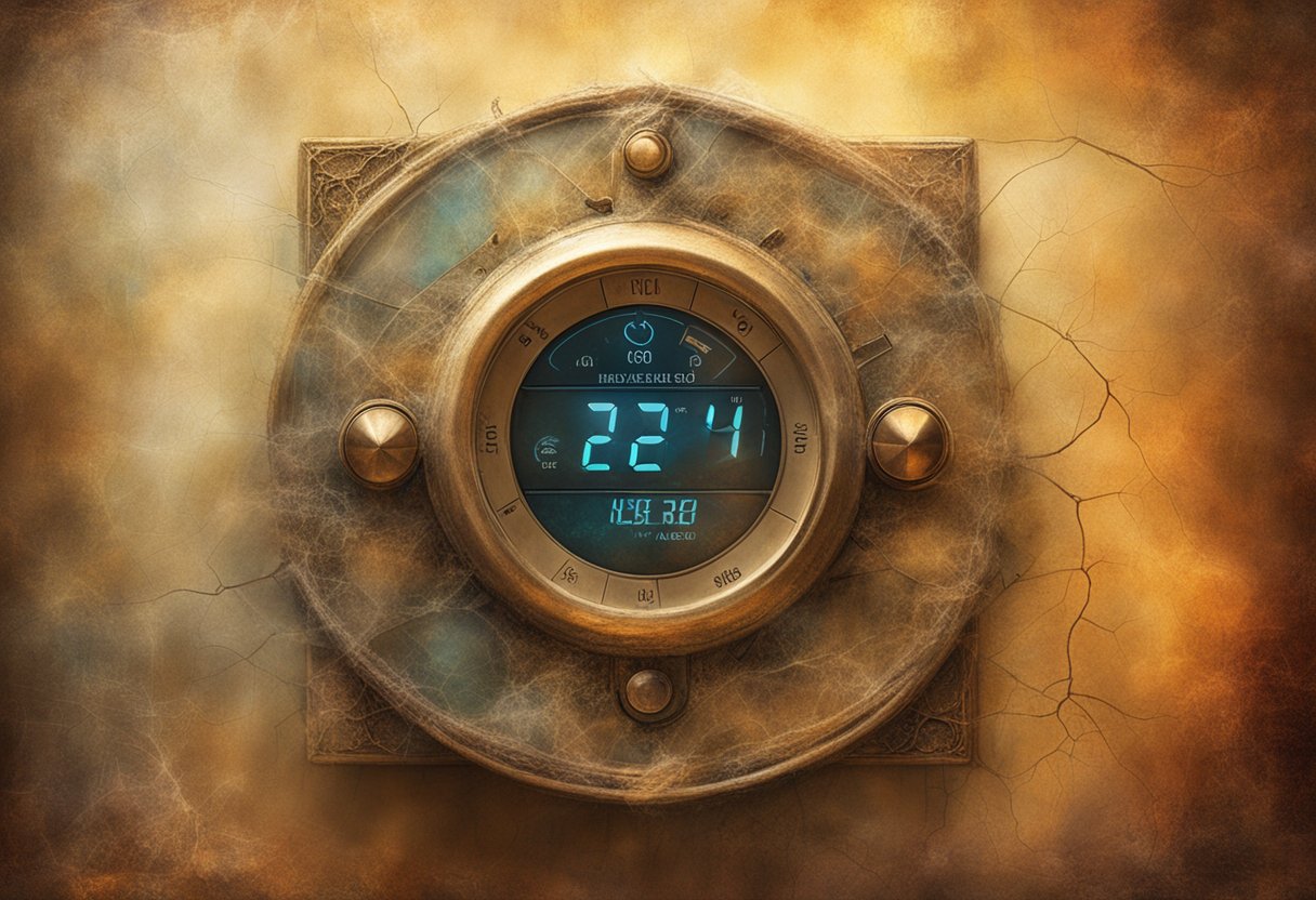 A thermostat with a cracked and faded display, surrounded by dust and cobwebs, in a dimly lit room