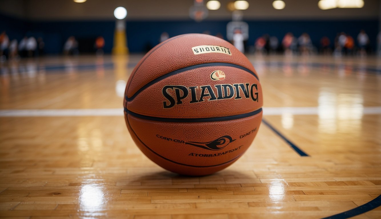 A regulation-size basketball sits on a youth basketball court, surrounded by official markings and association logos