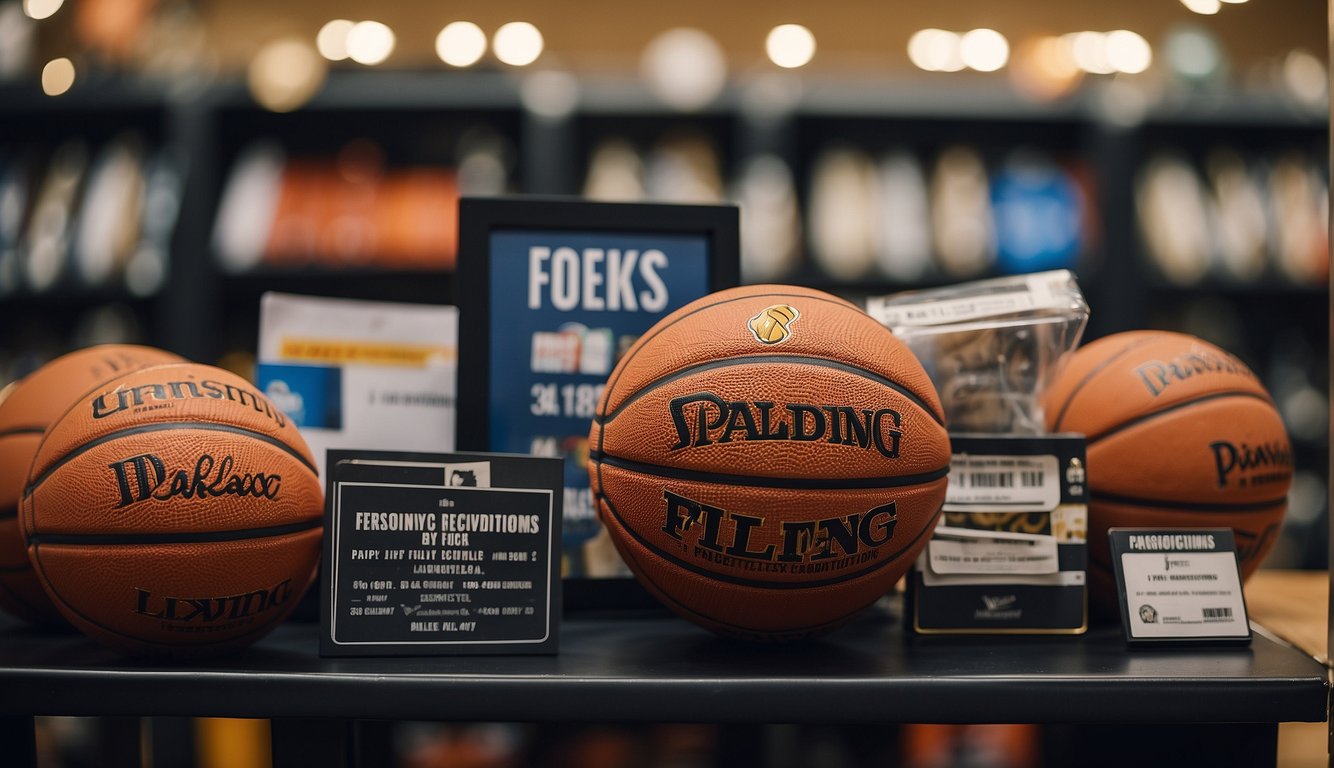 A youth basketball sitting on a store shelf with a variety of sizes displayed around it, accompanied by a sign reading "Purchasing Recommendations."