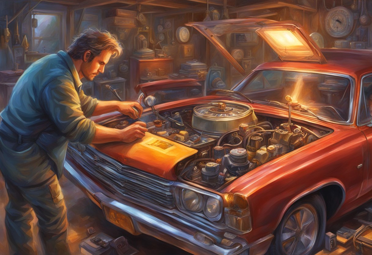 A mechanic diagnosing a car's thermostat issue using diagnostic tools and repairing it with new parts