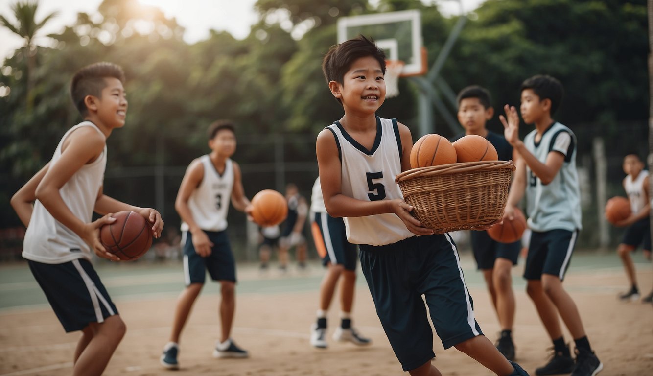 Basketball introduced in the Philippines in 1910. Show a group of people playing with a peach basket and a ball in an outdoor setting