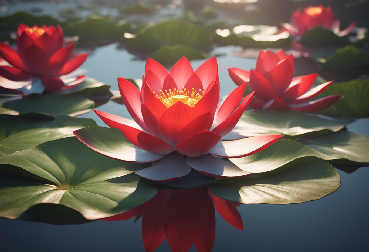 A vibrant red lotus flower blooms, symbolizing passion and enlightenment in spiritual practices