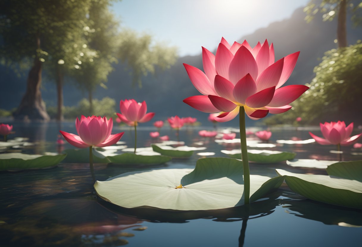 A vibrant red lotus flower blooms in a tranquil pond, symbolizing spiritual awakening and enlightenment