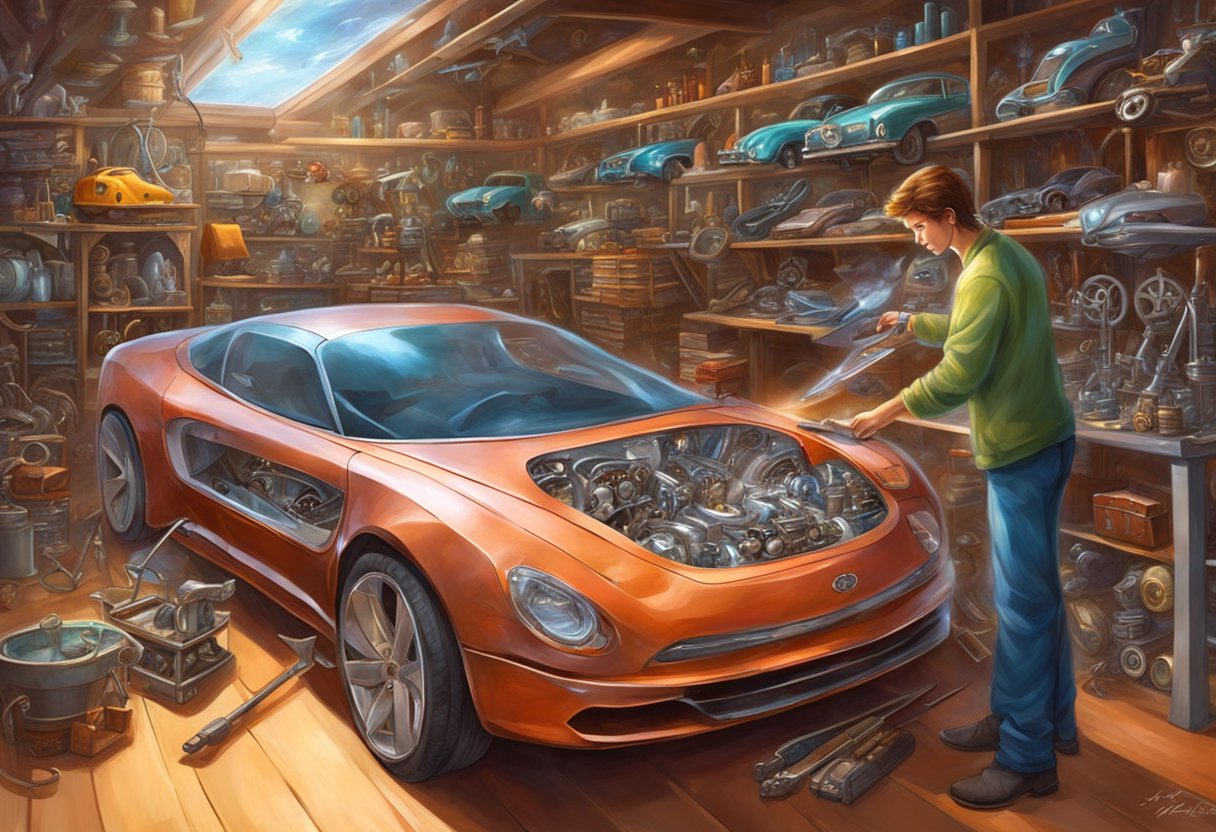 A person carefully selects the right car parts from a variety of options on a workbench