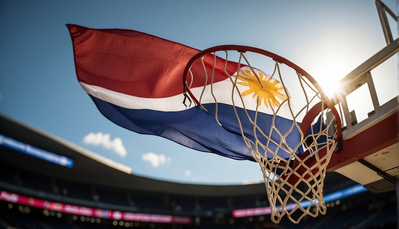 A basketball flying through the air, with the Philippine flag in the background, symbolizing the introduction of basketball in the Philippines