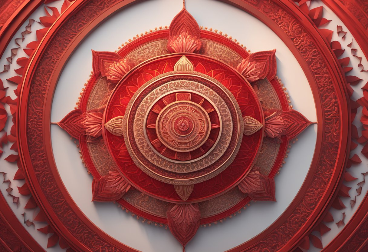 A vibrant red mandala surrounded by symbols of love, passion, and power, representing the spiritual significance of the color red in various cultural contexts