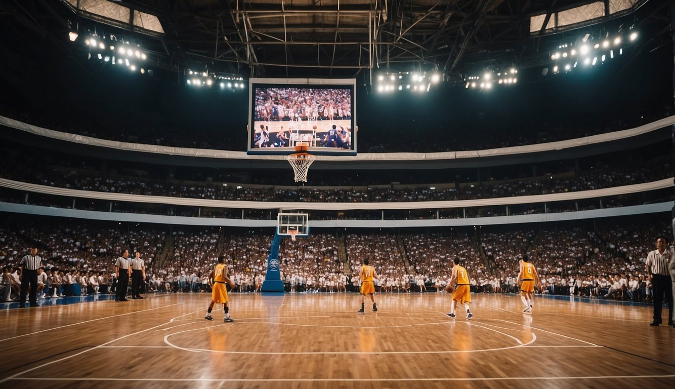 A basketball court filled with iconic Philippine teams and players, with the year "1898" prominently displayed in the background