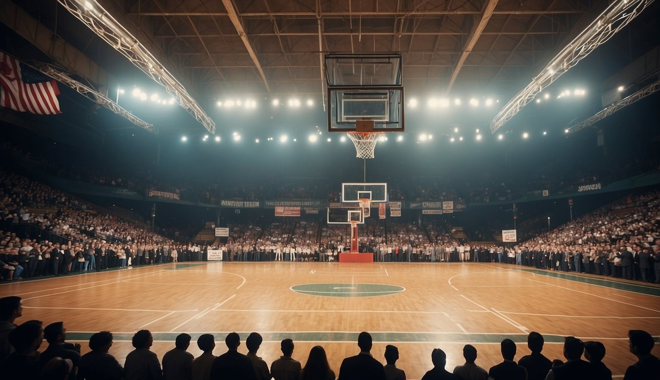 A basketball court with a hoop and lines, surrounded by spectators, flags, and banners. The year "1898" prominently displayed