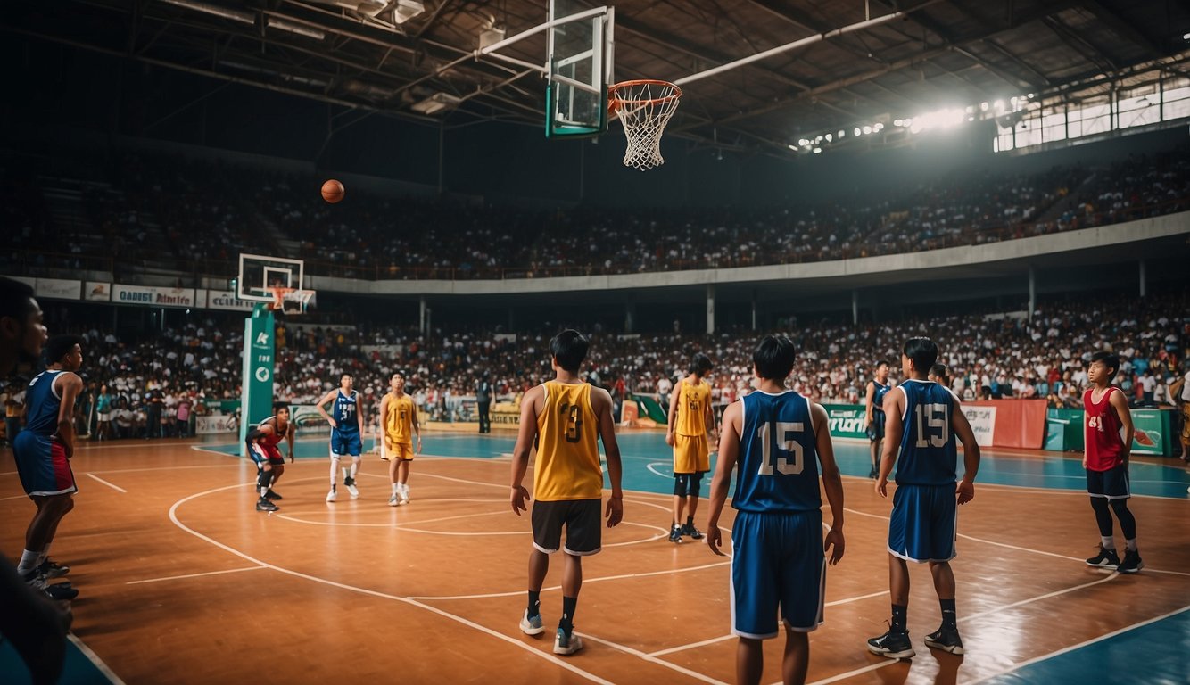 A basketball court in the Philippines, with players from different countries competing. The year "1898" is prominently displayed on a banner in the background