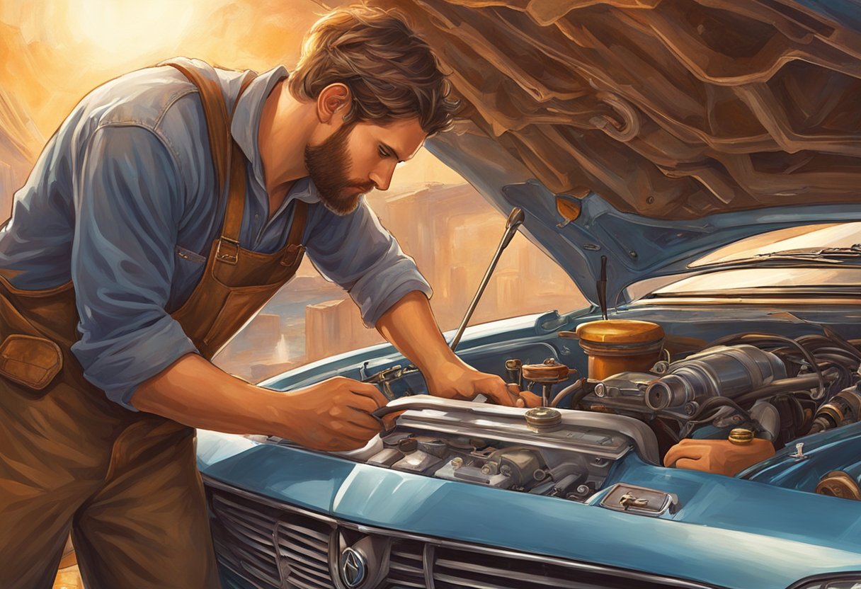 A mechanic uses diagnostic tools on a car's engine, checking the timing belt for faults. The hood is open, and the mechanic is focused on the task