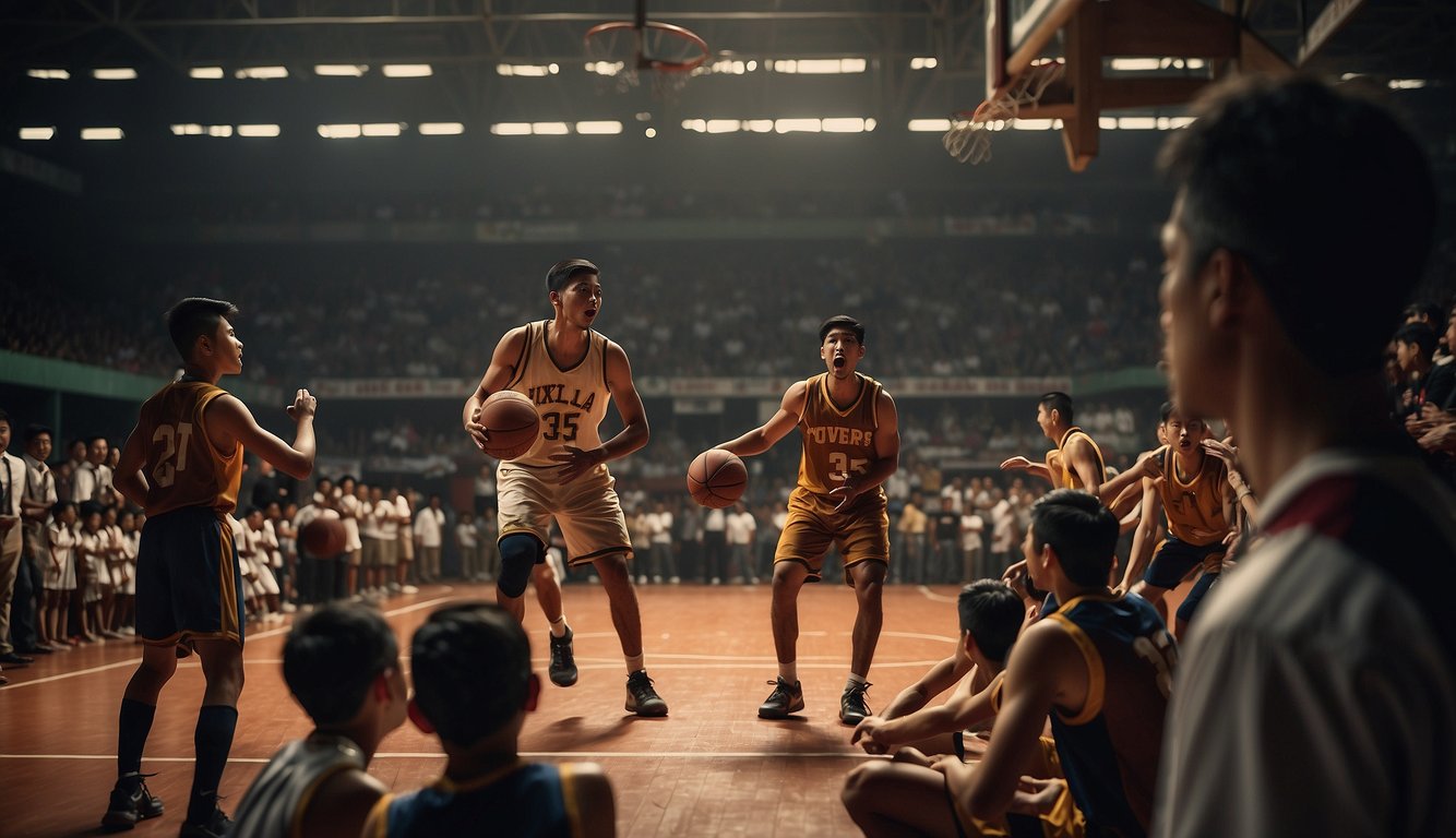 Basketball introduced in the Philippines in 1910. A group of people gathered around a makeshift court, excitedly watching a game