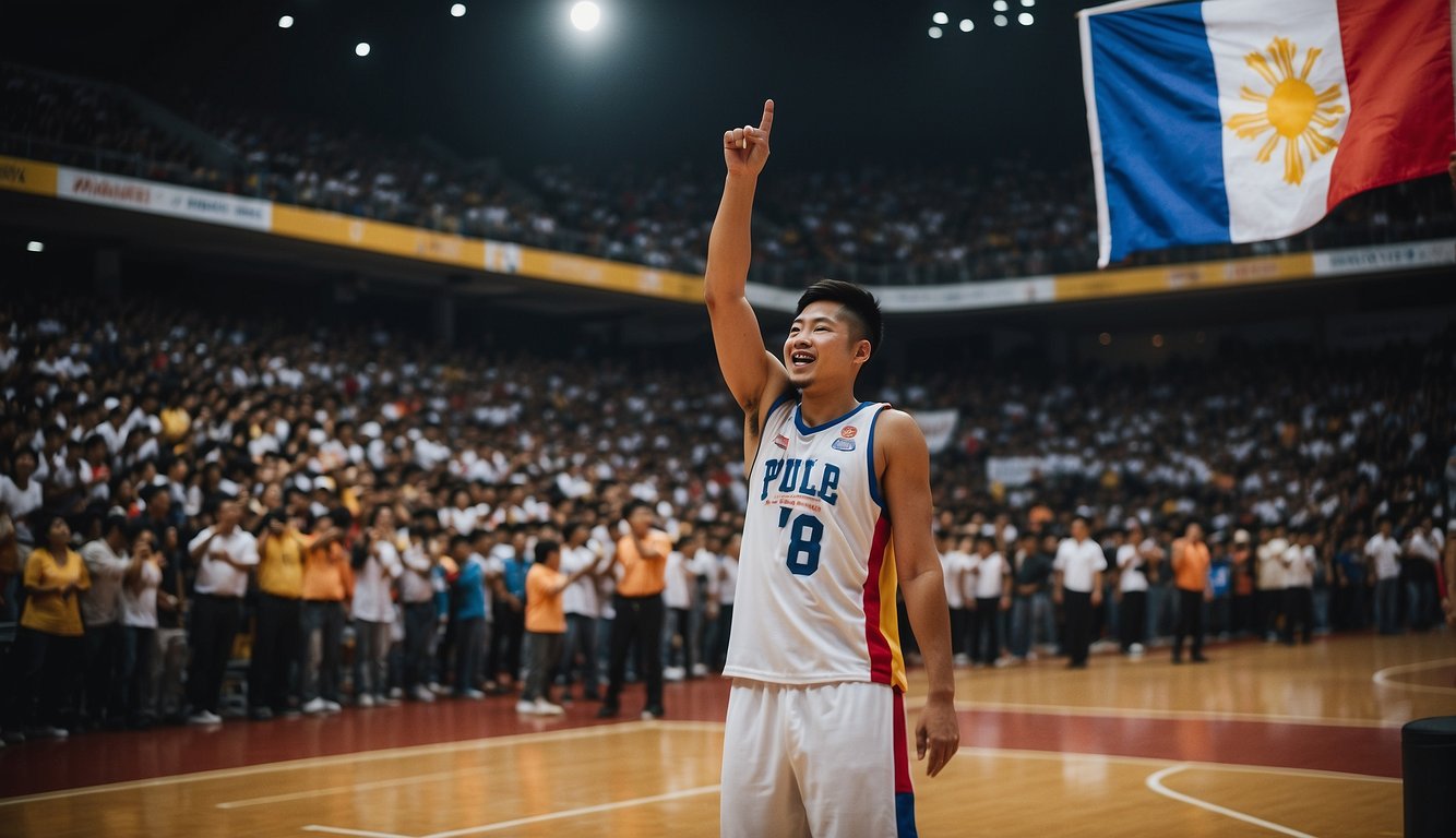 A basketball court filled with enthusiastic players, surrounded by cheering fans, with the Philippine flag proudly displayed in the background